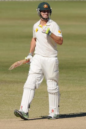 MItchell Marsh celebrates scoring his century for Australia A against India A at Allan Border Field.