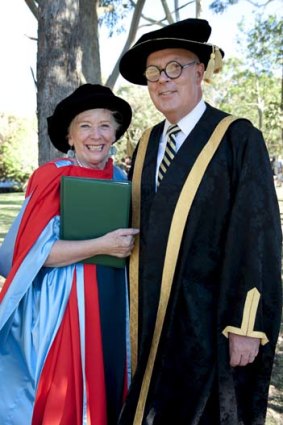 Vice-chancellor and cook Professor S.Bruce Dowton with cook and now doctor Maggie Beer.