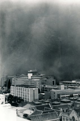 An aerial view of the dust storm hitting Melbourne.