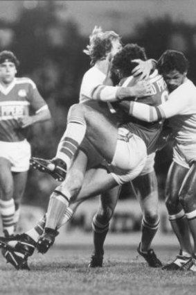 Action from the NSWRFL rugby league Premiership match between the South Sydney Rabbitohs and the Canberra Raiders at Redfern Oval, Sydney on 27 February 1982. In what was the Raiders' debut in the Premiership, the Rabbitohs won 37-7. SHD SPORT Picture by GARY McLEAN newmanraid