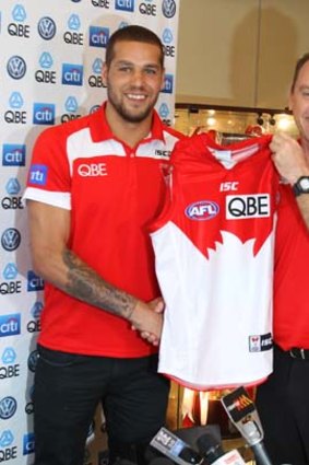 Lance Franklin with his new coach, John Longmire, in Sydney on Wednesday.