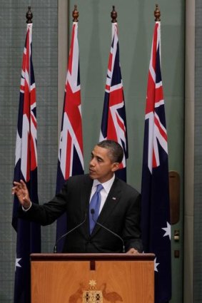 US President Barack Obama addresses the Joint Sitting of Parliament at Parliament House Canberra.