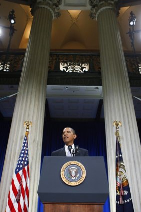 Barack Obama makes his address in the Federal Hall.
