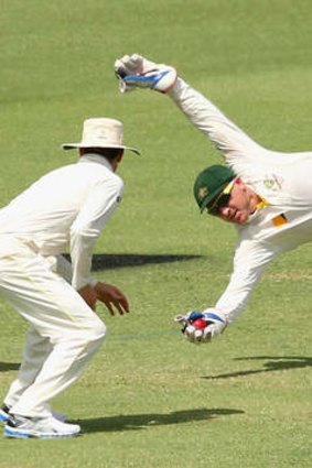 Haddin taking a spectacular catch in the third Test in Perth to dismiss Joe Root.