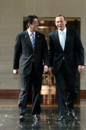 Japanese Prime Minister Shinzo Abe and Prime Minister Tony Abbott depart the House. Photo: Alex Ellinghausen