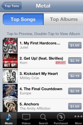 A screengrab taken from iTunes today, with 'My First Hardcore Song' topping the singles metal chart.