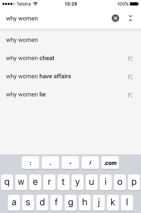 Google autocomplete search results for 'why women...' as of December 8, 2016.