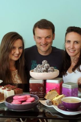 Felicity Harrison from Flickabelle's Vegan Bakery, Owen Saddler from Dream Cusine and Anthea Cahill from Real Chai with their products.
