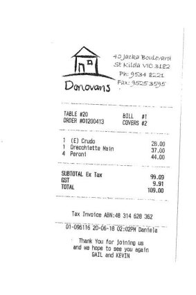 Receipt for lunch with actor Guy Pearce.