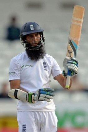 England's Moeen Ali celebrates reaching his century on the fifth day of the second Test.