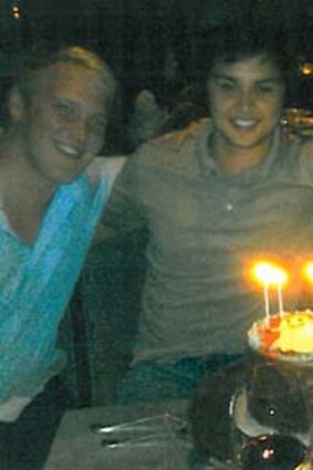 Frank Reginald, left, with Bobby Murphy, Evan Spiegel and the Snapchat cake.