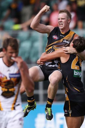 Jack Riewoldt celebrates after kicking the winning goal after the siren earlier this year.