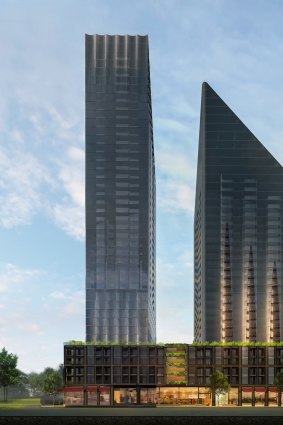 An artist's impression of the plan for 253-273 Normanby Road, South Melbourne. R.Corporation has proposed the twin apartment and hotel towers. 