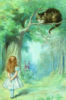 Alice meets the Cheshire Cat, from <i>The Complete Alice</i>. Illustrations coloured by Diz Wallis,  Macmillan Publishers Limited, 1995.
