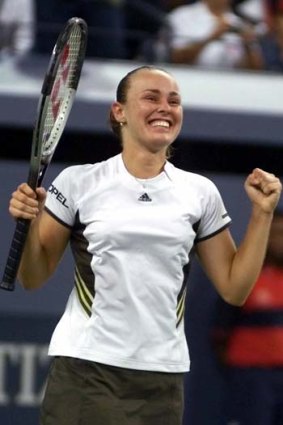 Martina Hingis celebrates after defeating Venus Williams in the women's singles semifinals at the US Open in 1999.