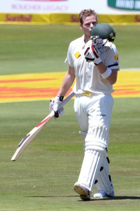 Steve Smith celebrates notching his century against South Africa.