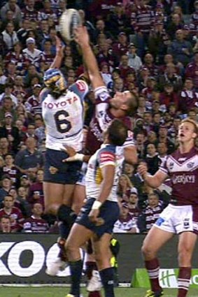 Season-defining moment ... Michael Oldfield touched down after Kieran Foran’s knock-on.