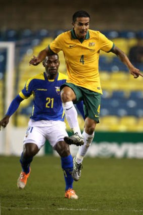 Tim Cahill of Australia looks to hold the ball up during the international friendly match between Australia and Ecuador.