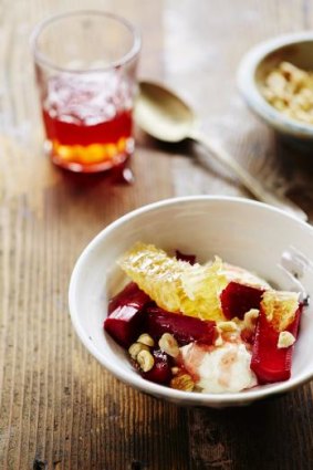 Divine dessert: Poached rhubarb, ricotta and honeycomb is a sweet treat.