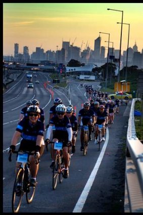 A big day out: cyclists heading around Port Phillip Bay.