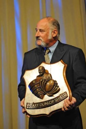 Weary Dunlop's son John with the Weary Dunlop shield in February.
