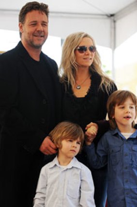 Danielle Spencer with husband Russell Crowe and their children Charles and Tennyson at Crowe's Hollywood Walk of Fame ceremony.