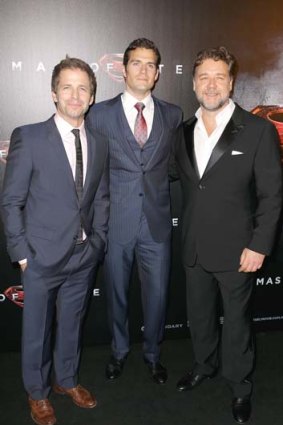 Strengthening the man of steel: (From left) Director Zack Snyder, Henry Cavill and Russell Crowe arrive at the <i>Man Of Steel</i> Australian premiere.