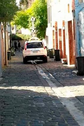 The SUV with pole-mounted camera, in Victoria Lane.