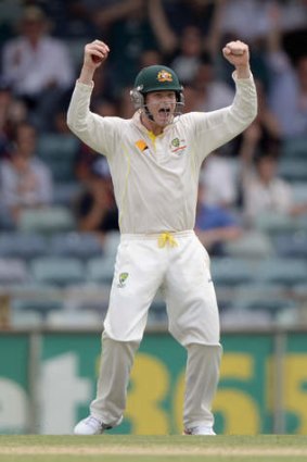 Steve Smith celebrates catching out Graeme Swann in Perth.