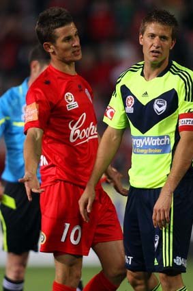 Disappointing: Adrian Leijer (right) after receiving a second yellow card in last week's match against Adelaide.