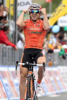 Spanish cyclist Jon Izagirre of Euskatel celebrates his win in the 16th stage of the Giro D'Italia.