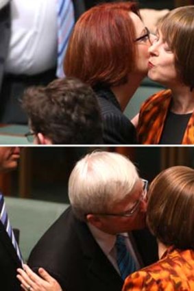 Pecking order: Julia Gillard and Kevin Rudd embrace Nicola Roxon after Ms Roxon delivered her valedictory on Tuesday.