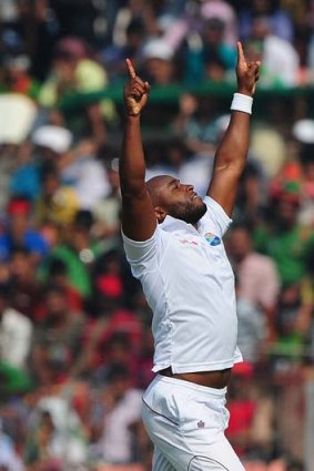 West Indies fast bowler Tino Best celebrates after dismissing Bangladesh batsman Tamim Iqbal.
