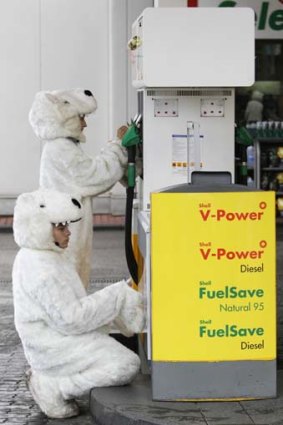 Polarised ... Greenpeace activists dressed as polar bears at a Shell service station in the Czech capital, Prague.
