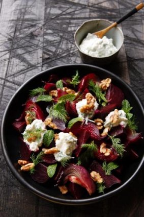 Slow-roasted beetroot with feta yoghurt and dill.