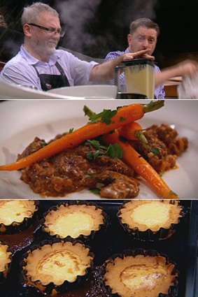 From top: Peter & Gary struggle to get their soup entree done in time; kangaroo stroganoff; custart tartlets.