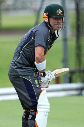 Bring your fast men on: David Warner in the nets at the Gabba.