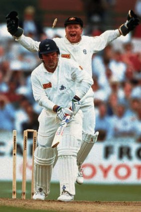 No idea ... Ian Healy celebrates after Mike Gatting is bowled by Shane Warne in 1993.