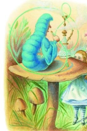 Alice is fascinated by the Caterpillar, from <i>The Complete Alice</i>. Illustrations coloured by Diz Wallis,  Macmillan Publishers Limited, 1995.