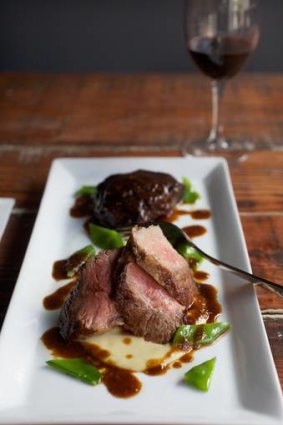 Triumph of texture and flavour ... grilled Black Angus sirloin, with slow cooked beef cheek, potato-puree, snow peas and mushroom jus.