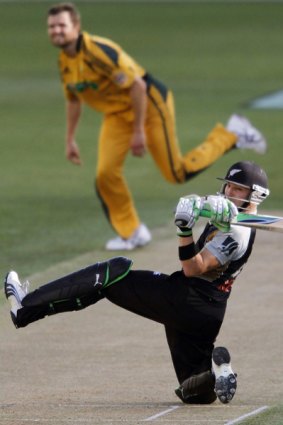 Man of the match Brendon McCullum swings a delivery to the fence.