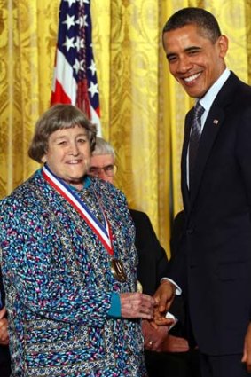 Barack Obama awards the National Medal of Technology to Yvonne C. Brill for innovation in rocket propulsion systems for geosynchronous and low earth orbit communication satellites, which greatly improved the effectiveness of space propulsion systems.