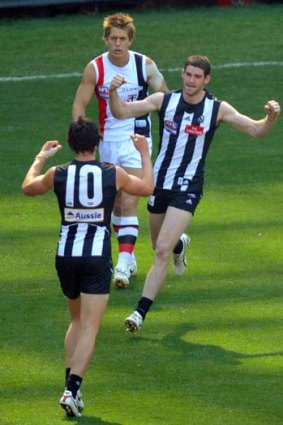 Tyson Goldsack boots Collingwood's first goal in the grand final replay.
