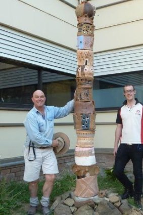 The Ceramic totem at Melrose High School 2014 has artist Tony Steel and Mark Holberton (pastoral care) 