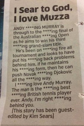 London paper Metro published this take on the outburst by Kim Sears, Andy Murray's fiancee.