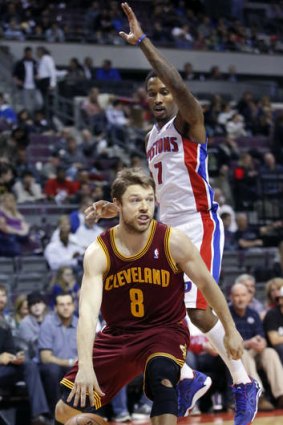 Cleveland Cavaliers guard Matthew Dellavedova  drives to the basket past Detroit Pistons guard Brandon Jennings.