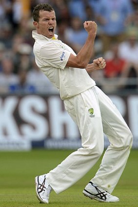 Key wicket: Peter Siddle celebrates after taking the wicket of England's Kevin Pietersen.