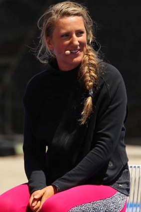 Victoria Azarenka talks to young fans in Melbourne on Wednesday.