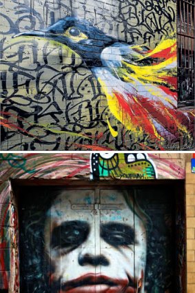 Hidden attractions (from top): art along ACDC Lane and Hosier Lane and and Banksy’s <i>Little Diver</i>.