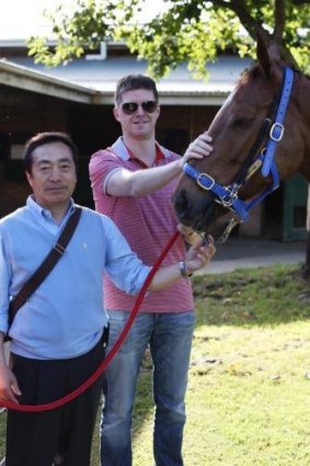 Australian trainer Michael Tabart with Japanese horse Hana's Goal and the horse's trainer, Kazuhiro Kato.